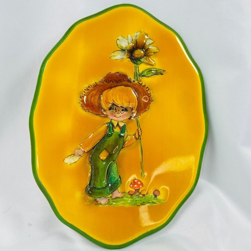 Vintage 70s Decoupage 3D Enamel Wall Plaque Child Sunflower Mushrooms Hong Kong